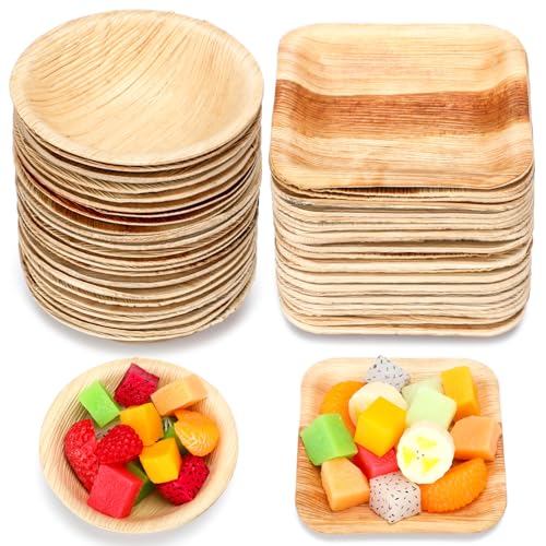 50 Pcs Disposable Palm Leaf Bowls Plates Set for Rabbits 4", Sturdy Bamboo Party Bowls Decorative Compostable Tableware for Bunnies Birthday Outdoor BBQ Picnic Wedding