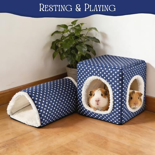 Guinea Pig Hideout, Dwarf Rabbit Bed with Play Tunnel, Washable Fleece House for Dwarf Bunnies, Chinchillas, Hedgehogs, Small Animal Cage Accessories Blue Dot - color: Blue