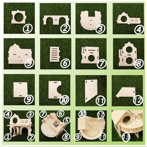Improved Safety Large Balcony Small & Cute Wooden Hamster House with Large Balcony – Double-Decker Forest-Style Hut for Dwarf Hamsters, Mice, Gerbils, Rats & Small Pets (Compact Size Only)