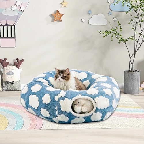 Cat Tunnel Bed with Washable Cushion for Indoor Cat, Donut Cave Tube Toys for Kitten Puppy Rabbit, Blue - color: Blue