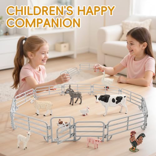 20PCS Large Farm Animal Corral Fence Toys with 2 Gates Fences for Kids Boys Girls, Educational Farm Animal Cake Toppers for Toddlers Children. - style: Silver 20PCS