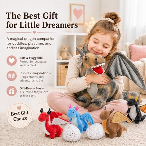 Dragon Plush with 4 Babies, 21.7" Dinosaur Stuffed Animal, Gray | 7Pcs Dragon Plush Family; Mommy, 4 Baby Dragons & 2 Eggs; Zipper Belly Pretend Play; Birthday & Christmas Gift for Kids - style: Dragon Gray