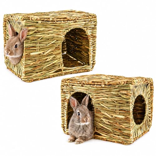 HERCOCCI Extra Large Grass House for Rabbit, Foldable & Comfortable House | Small Animal Hut Play Hideaway Bed Hay Mat Chew Toy For Bunny Guinea Pig Hamster Chinchilla (2 Pack) - color: 2 Pack