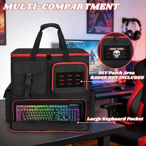 Desktop PC Tower Backpack for ATX/M-ATX Case with Bottom Pad | Padded PC Travel Bag with 6 Storage Pockets, MOLLE Side Pockets, Reflective Strips, Trolley Strap and Shoulder Straps, Black