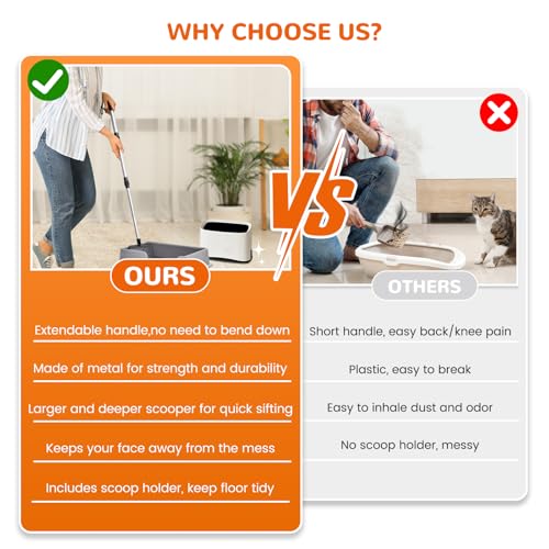 Metal Cat Litter Scoop with Holder, 43" Extendable Long Handle Cat Scooper for Litter Box, Solid & Durable, Deep Shovel for Fast Sifting, Large Pet Pooper Scooper for Kitty/Outside Dog Poop - size: Long Handle