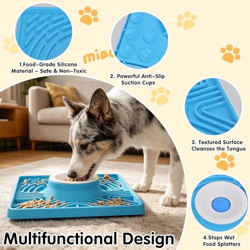Slow Feeder Dog Bowl with Rolling Ball, 6 to 7 Cup Large Capacity, Anti-Slip Silicone Lick Mat for Liquid Treat,Interactive Puppy Licking Toy for Large, Medium, Small Dogs and Cats, Blue
