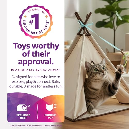 SmartyKat Kitty Camp Crinkle Cat Tent Hideaway, Collapsible Tent with Detachable Feather Toy for Privacy & Play for Cats & Kittens, Beige, One Size - style: Kitty Camp Tent
