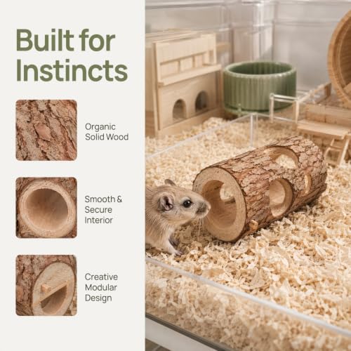 IMIKEYA 2Pcs Hamster Wooden Hideout Tunnel - Natural Hide Tube | Hamster Mouse Tunnel Tube, Multi Chamber Burrow Exploring Toy for Small Dwarf Hamsters, Gerbils, DIY Cage Playground Hideout