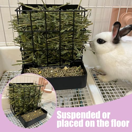 Rabbit Hay Feeder Guinea Pig Hay Feeder, Hay and Food Holder with Hook Heavy-Duty Metal Frame Hay Rack，for Bunny, Guinea Pigs,Chinchillas， Comes with Two Multifunctional Zippers-6.8x6.7x6.6inch - color: Black, size: 1 piece Small