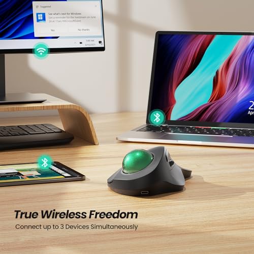 Nulea M505A Wireless Trackball Mouse Ergonomic 44mm Index Finger Control | Rechargeable rollerball mouse with 5 DPI levels,Bluetooth connection,smooth tracking,compatible with PC Mac Windows-Green - color: E-Green