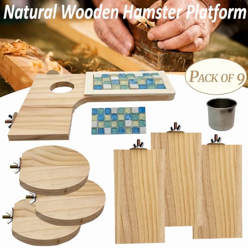 Wooden Hamster Cage Platform Set 9 Pack Wood Juvenile Chinchilla Shelves, Squirrel L-Shape Corner Ledge with Hole Cooling Standing Board, Rat Cage Accessories for Gerbil Small Animal Climbing - size: 9PCS