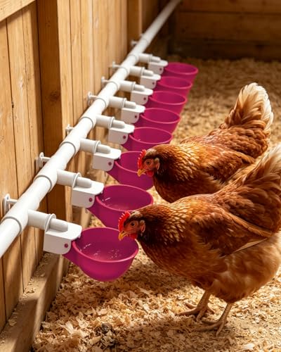 Chicken Waterer Cups (8 Pack) with 3/8" Drill Bit - Purplish Red | Automatic Poultry Drinker Feeder Kit for Chickens, Ducks, Turkeys, Quail, Bunnies | DIY Gravity Fed Bucket Water Dispenser - color: Purplish Red, size: 8 Pack + Drill bit