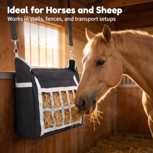 Slow Feed Hay Bag for Horses Sheep Goat Cattle Donkey, 300D Waterproof PVC Oxford Slow Feeder with Adjustable Straps, Small Hole Hay Sack Cut Waste for Barn Stall Fence Horse Trailer, Black 1 Pack