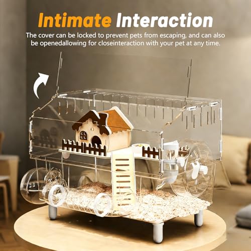 9-in-1 Acrylic Hamster Cage - Clear Pet Cage with 360° Transparent Viewing, Double Layer Chew-Proof Mice Enclosure with Crawling Tunnel for Dwarf Syrian Gerbils, 18 * 13 * 12in (Pink Cottage)