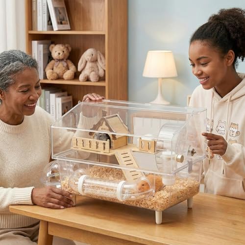 8-in-1 Clear Acrylic Hamster Cage 18x12x13 Small Animal Habitat House | All-in-One Accessory Set, High Transparency View, Easy Cleaning & Assembly, Ideal Starter Kit for Mouse, Dwarf, Gerbil