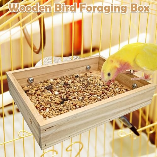 BNOSDM Wooden Bird Feeder for Cage Natural Wood Bird Foraging Box Food Dish for Small to Medium Birds Parrot Feeding Cups for Cockatiel, Lovebird, Parakeet, Budgies (Small) - size: S:7.87 x 5.9 x 1.6in