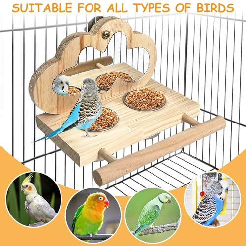 Tfwadmx Bird Parrot Wooden Feeding Cups, Small Bird Feeding Dish Cups Stainless Steel Birds Bowls Food Water Bowls with Food Holder for Cockatiel Parakeet Macaw Finches Lovebirds