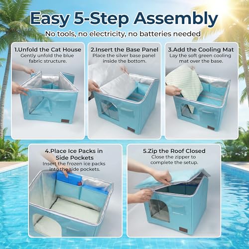 PatiencET Cat Cooling House for 1 Cat, Indoor Cooling Cat House for Summer, Blue Cat Hideaway Bed with Side Ice Packs, Insulated Foil Lining - size: Medium