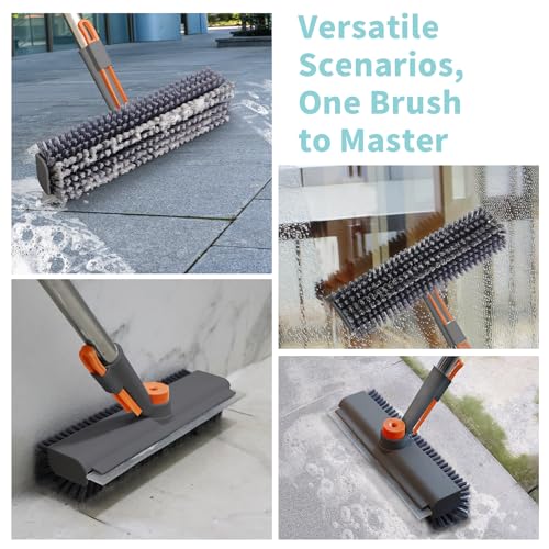 AIR U+ Floor Scrub Brush with Long Handle, 3-in-1 Rotating Head & Squeegee | Stiff Dual-Sided Bristles for Shower, Bathroom, Kitchen and Patio, 30–50 In Handle for Easier Stand-up Cleaning, Gray - color: Gray, size: 1 PACK