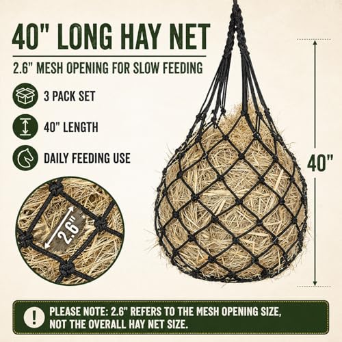 Hay Nets for Horses Slow Feed:Hay Feeder Nets for Horses-40 Inch Length Hay Net with 2 Pairs Gloves-Durable Hay Bags for Horses Goats Sheep Donkey - color: Black-3PCS