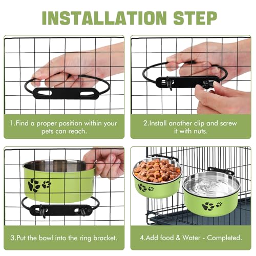Dog Crate Water Bowl, ShineMe 54oz & 34oz Stainless Steel No Spill Crate Food and Water Bowl, Kennel Bowls Mountable for Medium and Large Dogs, Cats and Pets, Set of 2, Green (7.1x2.9” & 6.2x2.6”) - color: Green, size: L (54oz+34oz)