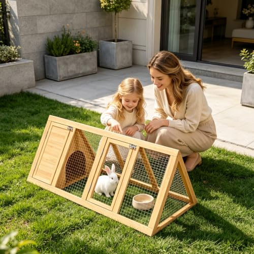 Small Chicken Coop, Wooden Rabbit Hutch Outdoor, Triangular Bunny Cage with Run, 2 Door Small Animal House for Rabbits, Guinea Pigs, Chickens(Backyard)