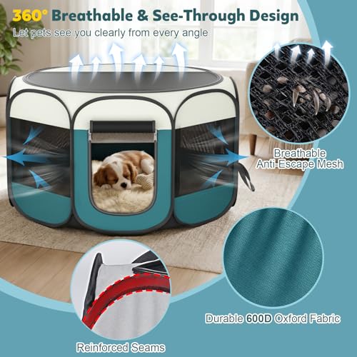 Portable Pet Playpen for Cat Dog: Foldable Cat Playpen Enclosed Up to 40lbs | Large Pop Up Indoor Outdoor Kennel for Puppy Kitten, Carry Case, Removable Zipper Top, 600D Oxford, Waterproof Base, Camping - style: L [44.9" × 44.9" × 22.8"]