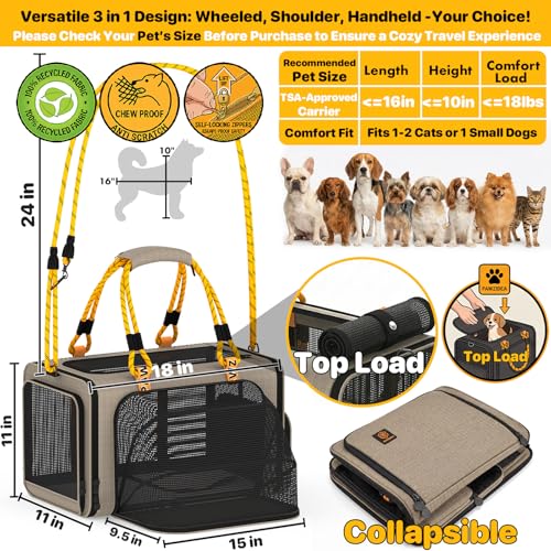 PAWZIDEA Expandable Pet Carrier for Small Cats & Dogs, TSA Airline Approved | 18"×11"×11" Soft-Sided Small Dog Travel Bag, Collapsible Top-Load Cat Carrier for 2 Cats Under Seat, Puppy Car Seat Up 15lbs - color: Khaki Plaid, size: 18.0"L x 11.0"W x 11.0"H