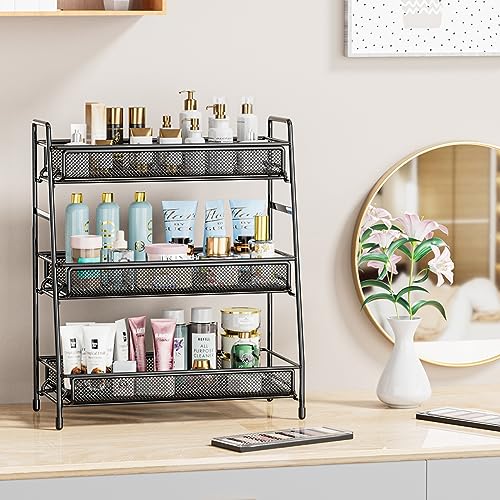 EKNITEY Bathroom Countertop Organizer Rack - 3 Tier Counter Spice Rack | Metal, Non-Slip Base, Makeup Rack, Small Coffee Station Organizer, for Sink Bedroom Kitchen Living room - color: Black