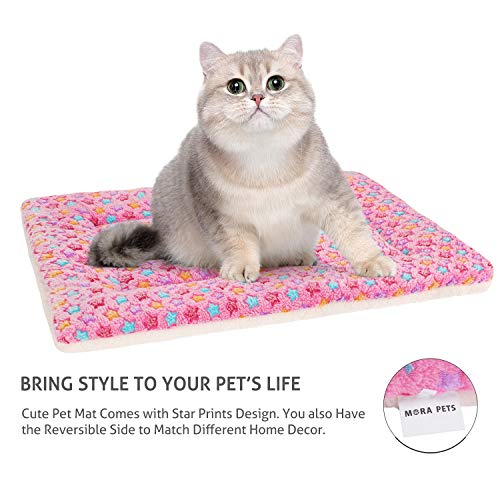 Mora Pets Cat Bed Dog Crate Pad Ultra Soft Pet Bed with Cute Star Print Washable Crate Mat for Small Dogs and Indoor Cats Reversible Fleece Dog Kennel Pad Cat Carrier Mat 14 x 17.5 inch Pink - color: Pink, size: 18-Inch