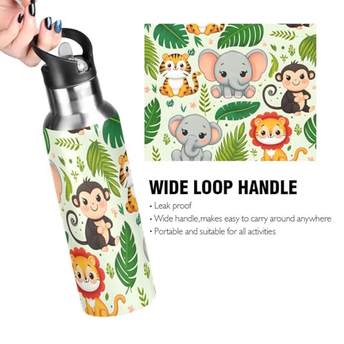 Elephant Palm Leaf Water Bottle Kids Stainless Steel Bottle with Straw Lid | Leak Proof Boys Girls Insulated Tumbler Cup for School 20 oz - color: Multi1