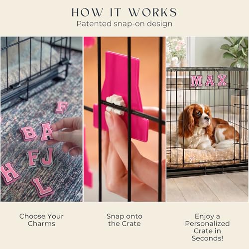 Custom Letter Charms for Dog and Cat Crates, Snap-On Decor Kit | Snap-on rubber letter charms for dog and cat wire crates. Personalize with names, phrases, birthdays and pet parties.