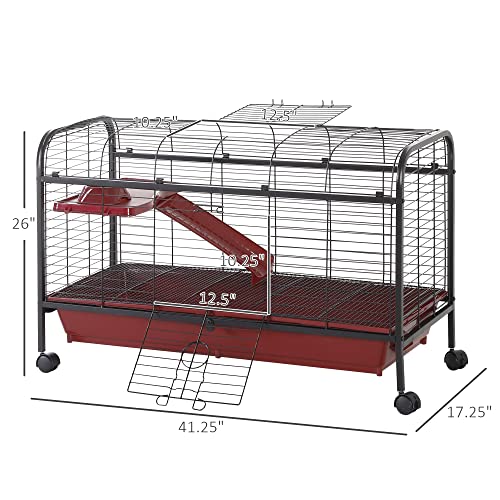 PawHut 41" L Small Animal Cage Rabbit Hutch with Feeder, Rolling Wheels Red | Ferret Pet Play House, Platform, Ramp - size: 41.5"L x 17.3"W x 26.0"H