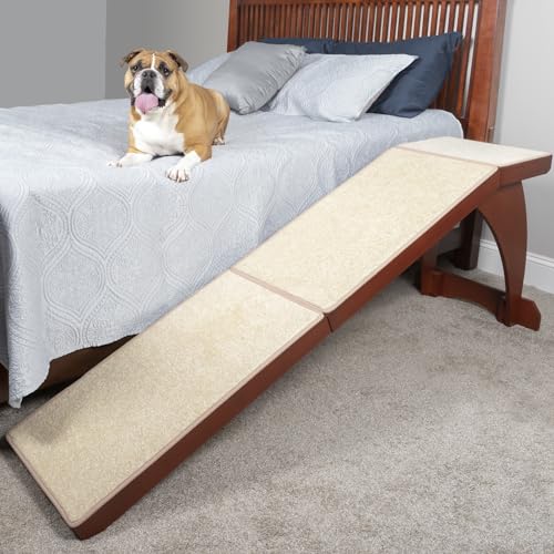 PetSafe CozyUp Bed Ramp - Supports Pets Back & Joints - High Traction Carpet Surface - Furniture-Grade Wood - Cherry or White Finish - Heavy Duty Bed Access Ramp - Cherry | Durable Wood Ramp with High-Traction Carpet Surface, for Small Dogs & Senior Dogs/