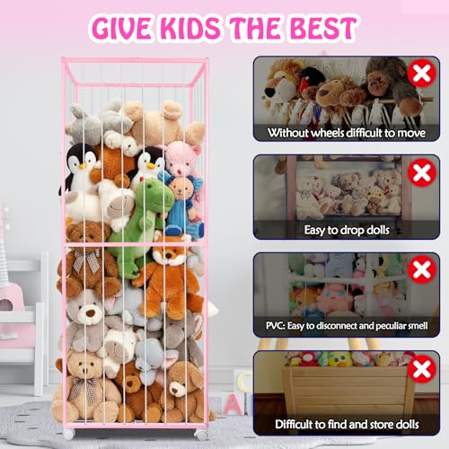 Stuffed Animal Storage, Metal Tube Extra Large Toy Storage Organizer with Brake Wheels, Stuffed Animal Holder Zoo Organizer for Nursery Playroom Kids Room Pink(61” x 23.6”x 16.5”) - color: Pink