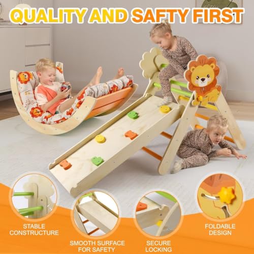 Pikler Triangle Set with Cushion, 7 in 1 Toddler Climbing Toys Indoor | Foldable Space-saving Design, Montessori-inspired Learning, Reversible Slide & Ramp, ASTM F963 Standards for Toddlers 18M-5Y - color: Lion