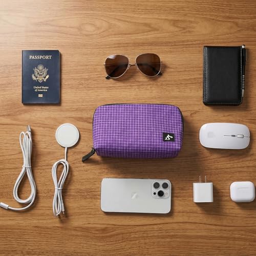 simtoper Small Electronics Organizer Travel Case – Slim Travel Cable Pouch for Small Tech Accessories, Cords, Chargers, Earbuds – Lightweight Mini Tech Bag for Backpack, Business, Travel - color: Purple Plaid, size: Small