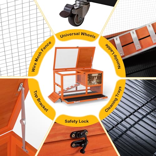 COZIWOW 36.5-Inch Double-Decker Wooden Rabbit Hutch with Wheels, Featuring A Cleaning Tray and Ladder—Stylish and Easy to Assemble（Orange and Pattern） - color: Orange and Pattern