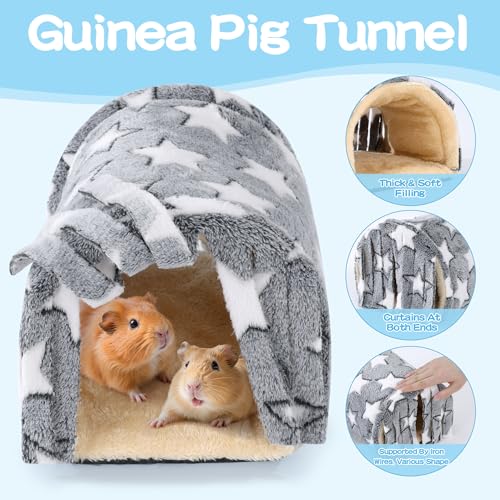 3 Pack Guinea Pig House Accessories, Washable 2 Guinea Pig House and Hideout Tunnel with Curtains, Chinchilla Hideout for Hamster, Rabbit, Bunny, Chinchillas (Gray-Star) - color: Gray-Star