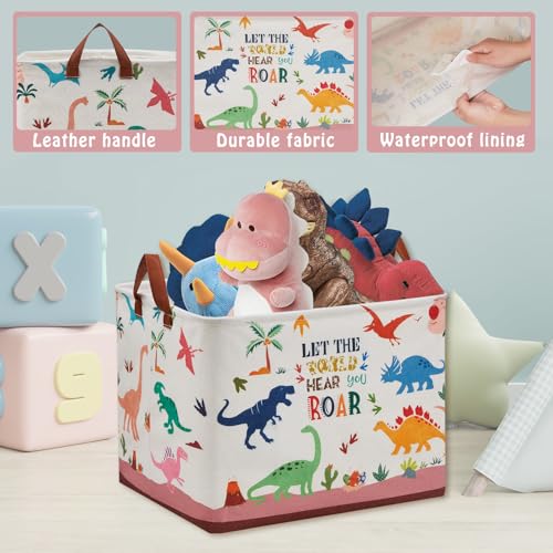 Dinosaur Room Decor Basket for Boys, 36L Volcano Baby Laundry Basket Leaf Cactus Kid Storage Bin Rectangular Collapsible Clothes Book Toy Bin for Boy,Pink Easter Gift - color: Pink