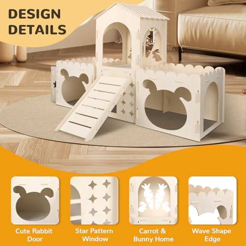 Extra Large Rabbit Castle, Wooden Bunny House & Hay Feeder, Detachable Rabbit Hideaway, Indoor Rabbit Castle with Ramp, Small Animal Houses & Habitats - size: Extra Large-4 House