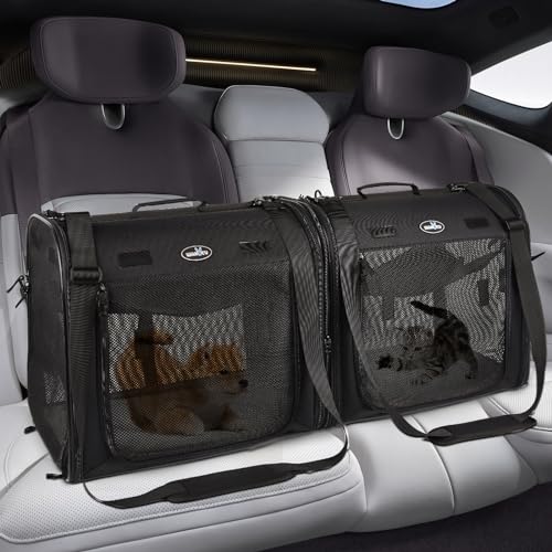 Wakytu 2-in-1 Pet Carrier for Cats & Dog, Travel Carrier for Camping | Extra-large fits 2 cats up to 25lbs each, includes 2 hammocks, carry bag, bowls & stakes. Car seatbelt pass-through
