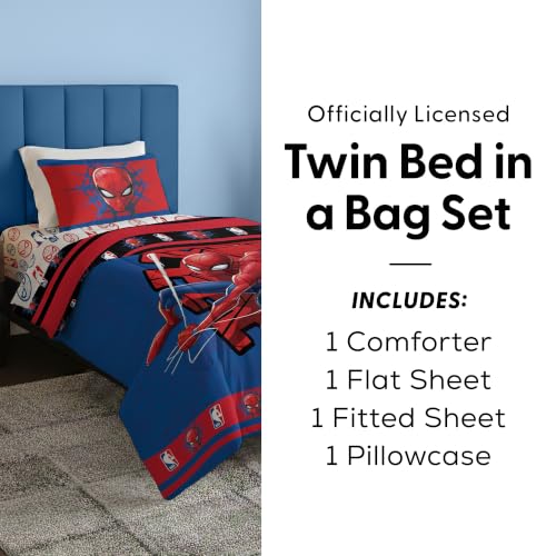 Northwest Marvel Spiderman Twin Comforter Set 4 Piece Includes Reversible Comforter & Sheet Bedding Set Soft Fade Resistant Microfiber Officially Licensed - color: Spidey Drop Twin