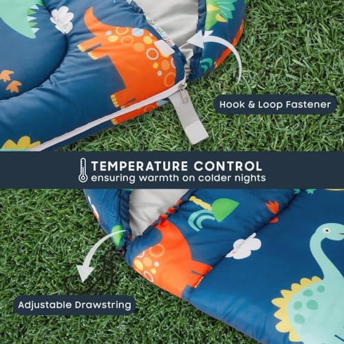 Wake In Cloud - Kids Sleeping Bag for Boys Toddlers, Camping in Warm Cold Weather, Backpacking Lightweight Compact Outdoor Liner for 3 Seasons, Cartoon Jurassic Dinosaur - color: Navy Blue