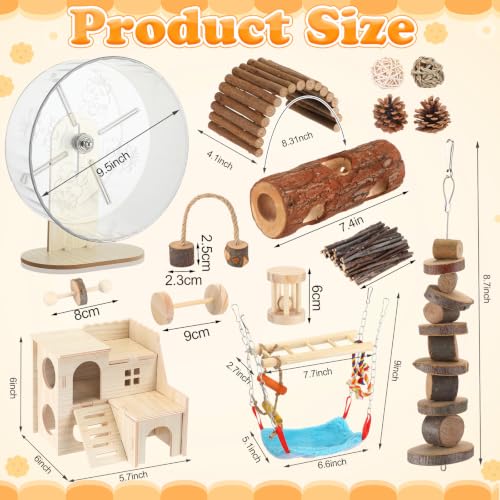15 Pcs Hamster Cage Accessories Set, Wooden Hamster House, 9.45 Inch Silent Running Wheel, Swing, Tunnel, Chew Toys & Hideout for Dwarf Hamsters, Gerbils, Syrian Hamsters Animals Habitat