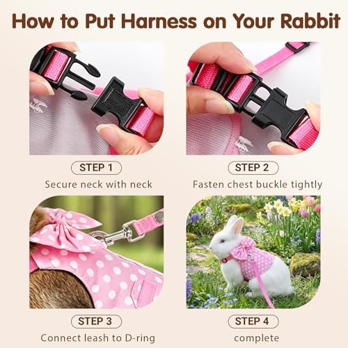 Rabbit Harness and Leash Set Escape Proof Plaid Bunny Vest with Bow Tie Breathable Mesh Harness Dual D Rings Adjustable Leash for Rabbit Guinea Pig Ferret Walking Training (Pink, S) - color: Pink, size: S