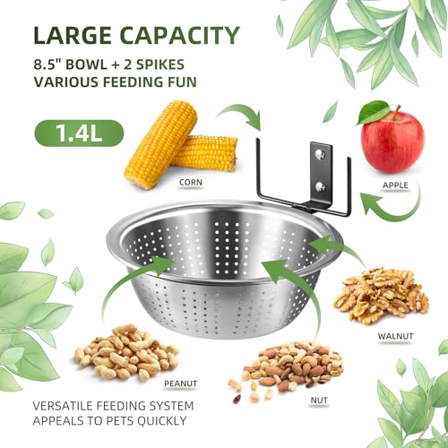 2 Pack Squirrel Feeders Tree/Fence Mounted, 8.5" Removable Colander Bowls (1.4L Each), 2 Corn Cob Spikes for Various Food, Perfect Metal Squirrel Feeders for Outside, Easy to Clean/Refill - size: 2 Stands 2 Bowls