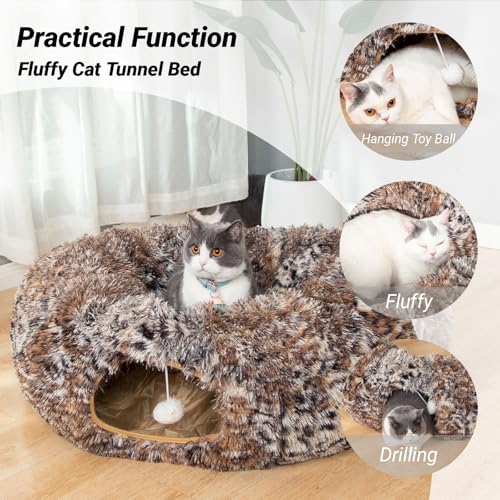 Warm Fluffy Plush Cat Tunnel Bed with Washable Cushion- Big Tube Playground Toys 3 FT Diameter Collapsible, for Indoor Cat Kitty Kitten Puppy Rabbit Ferret Leopard Print - color: Leopard