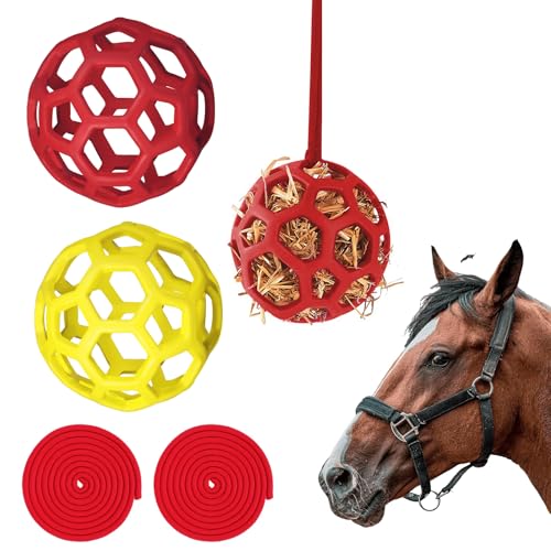 Goat Feeder Hanging Feeding Toy,Horse Treat Hay Feeder Toy, Durable TPR Feeding,for Horse Goat Sheep Relieve Stress,Stretch-Resistant Design(2pcs,Red+Yellow)