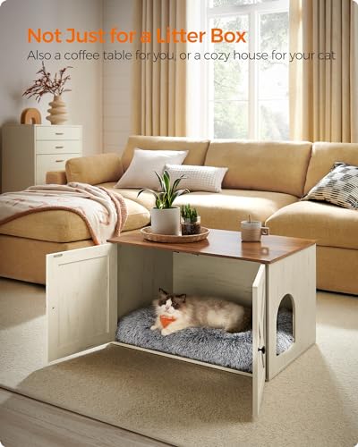 Feandrea Cat Litter Box Enclosure, Litter Box Furniture Hidden with Removable Divider, Indoor Cat House, End Table, 31.5 x 20.9 x 19.7 Inches, Honey Brown and Rustic White UPCL002P01 - color: Honey Brown + Rustic White, size: L (31.5"L x 20.9"W x 19.7"H)